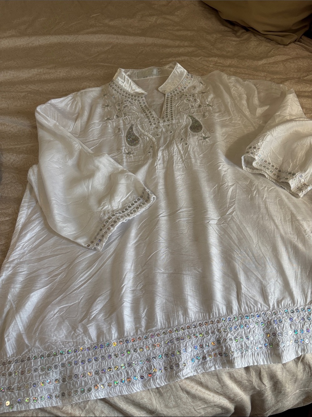 ESHA Hippy Boho sequin White Embellished V-Neck Tunic Top